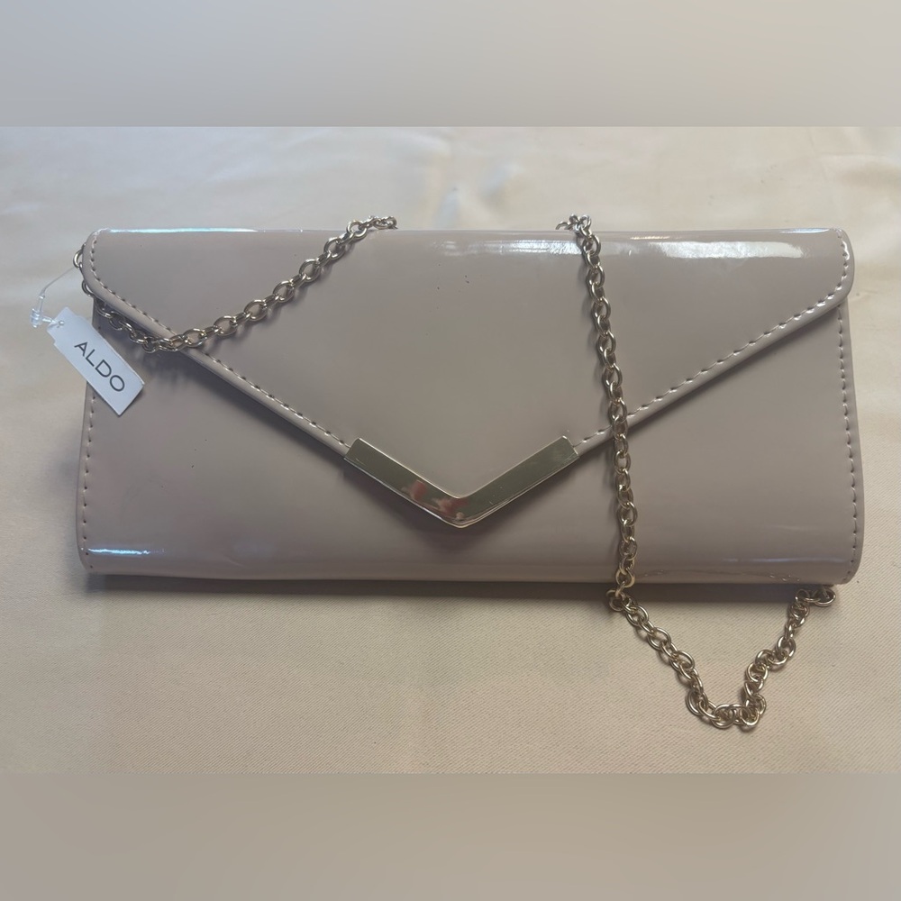 NEW ALDO Taupe Nude Envelope Wristlet Clutch Purse Gold Chain Small READ